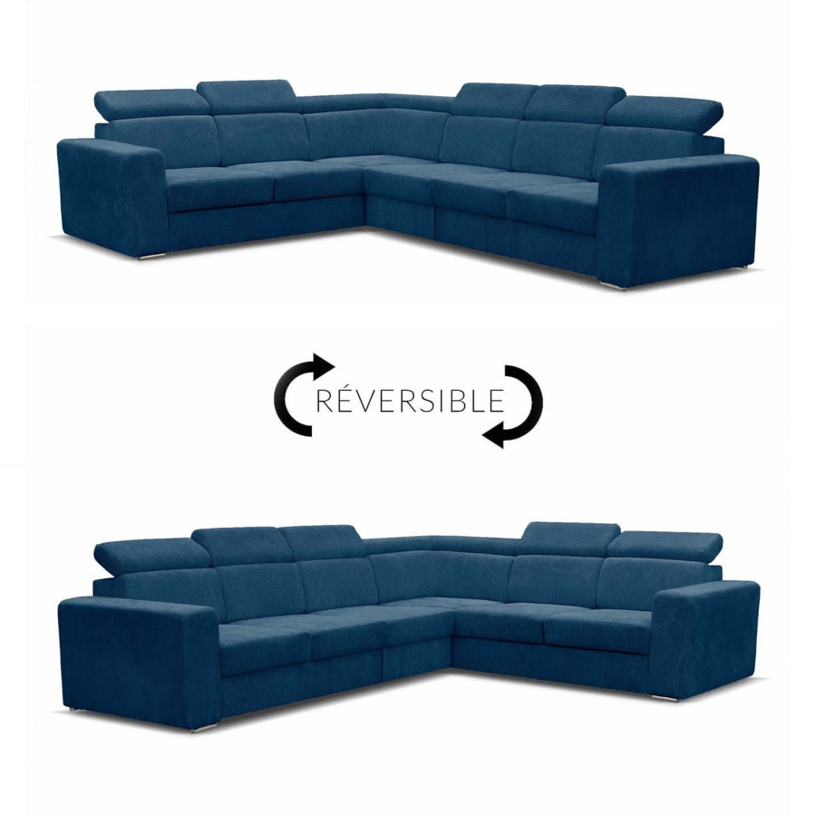 Canap&eacute; d'angle r&eacute;versible et convertible en velours c&ocirc;tel&eacute; bleu